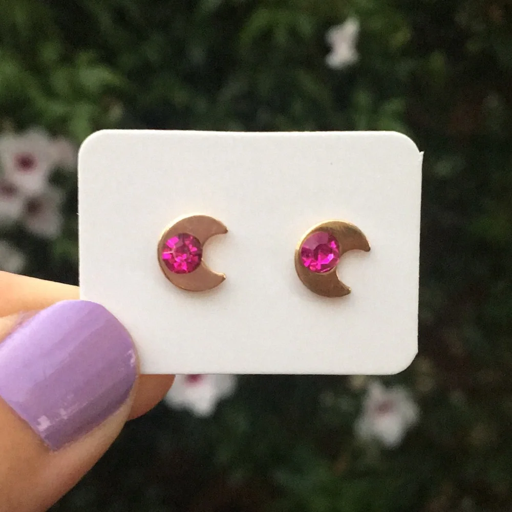 Fuchsia Pink + Gold Crystal Moon Boho Earrings